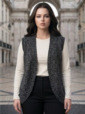 Olsen Europe Women’s Marled Knit Open Front Vest Size 12 Charcoal Wool Blend